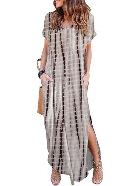 Women's Brown Summer Maxi Long Dress Casual Loose Short Sleeve Split Pockets